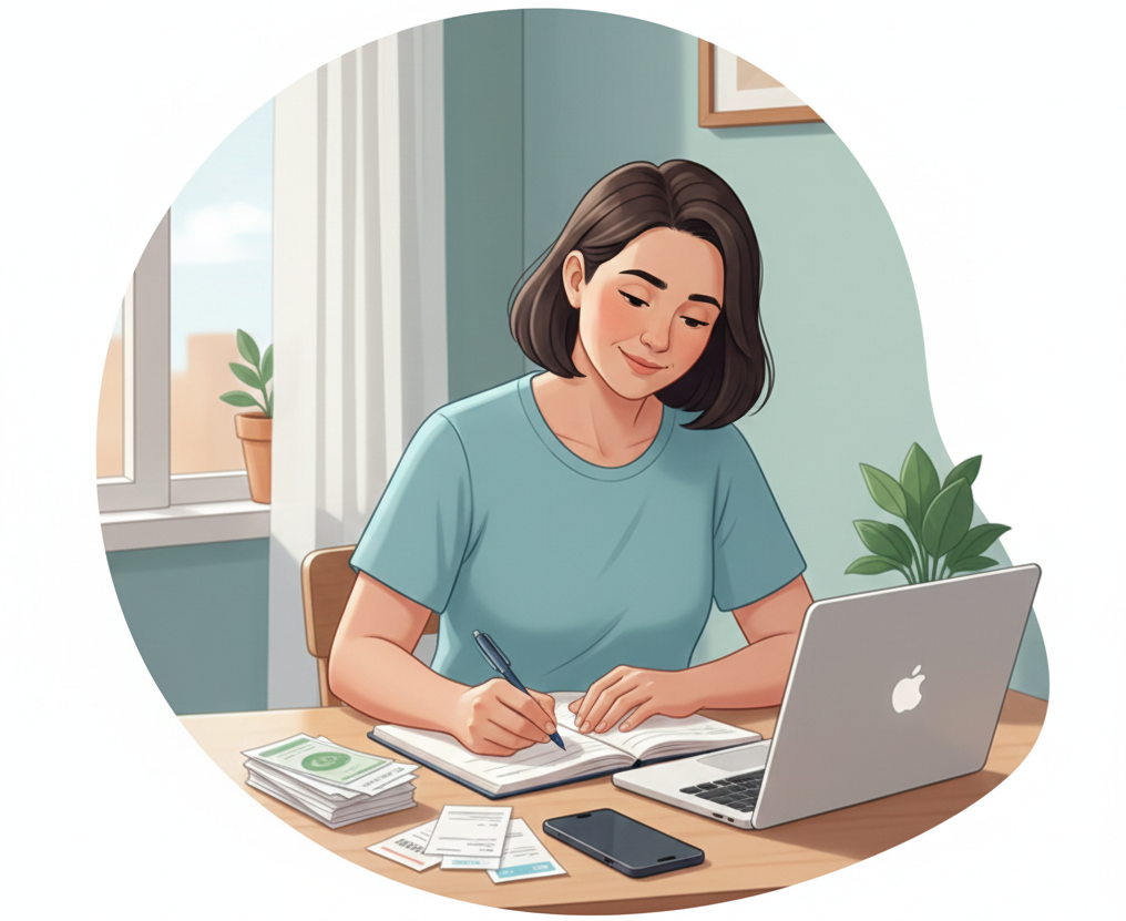 Pessoa organizando contas e boletos para sair das dívidas mesmo ganhando pouco.